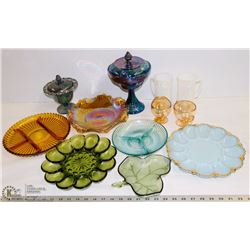 14) LOT OF CARNIVAL GLASS INCL 4 LARGE PLATTERS,