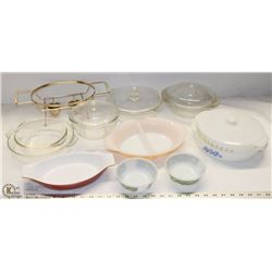 19) LOT OF CASSEROLE DISHES INCL FIREKING,