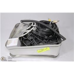 TIN WITH ASSORTED CABLES, CHARGERS ETC