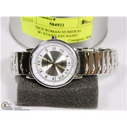 LAWRENCE ROMAN NUMERAL WATCH W/ STAINLESS BAND.