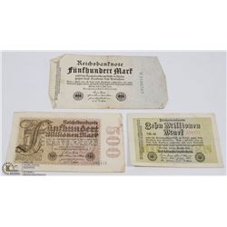 LOT OF 3 GERMAN WWI BANK NOTES - 500 MILLION MARK