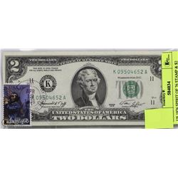 US 1976 SPIRIT OF 76 STAMP & $2 BILL.