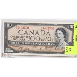 1954 CANADIAN $100 DEVILS FACE BILL.