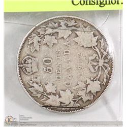 1912 CANADIAN 50 CENT COIN.