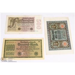 LOT OF 3 GERMAN WWI BANK NOTES - 100 MARK 1920,