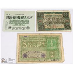 LOT OF 3 GERMAN WWI BANK NOTES - 10 MARK 1920,