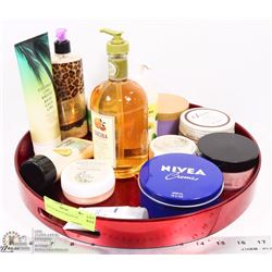 TRAY OF BEAUTY PRODUCTS.