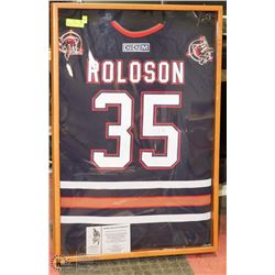 SIGNED ROLOSON FRAMED OILERS JERSEY WITH COA