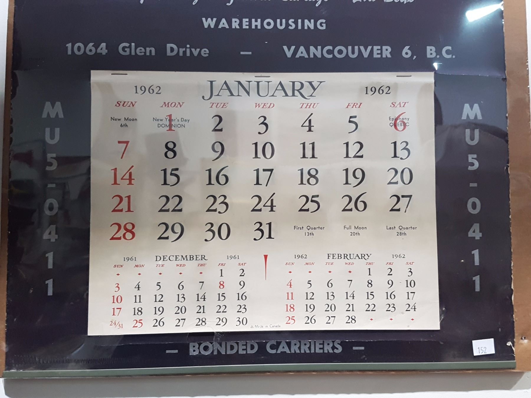 VINTAGE 1962 CALENDAR FROM VANCOUVER,BC