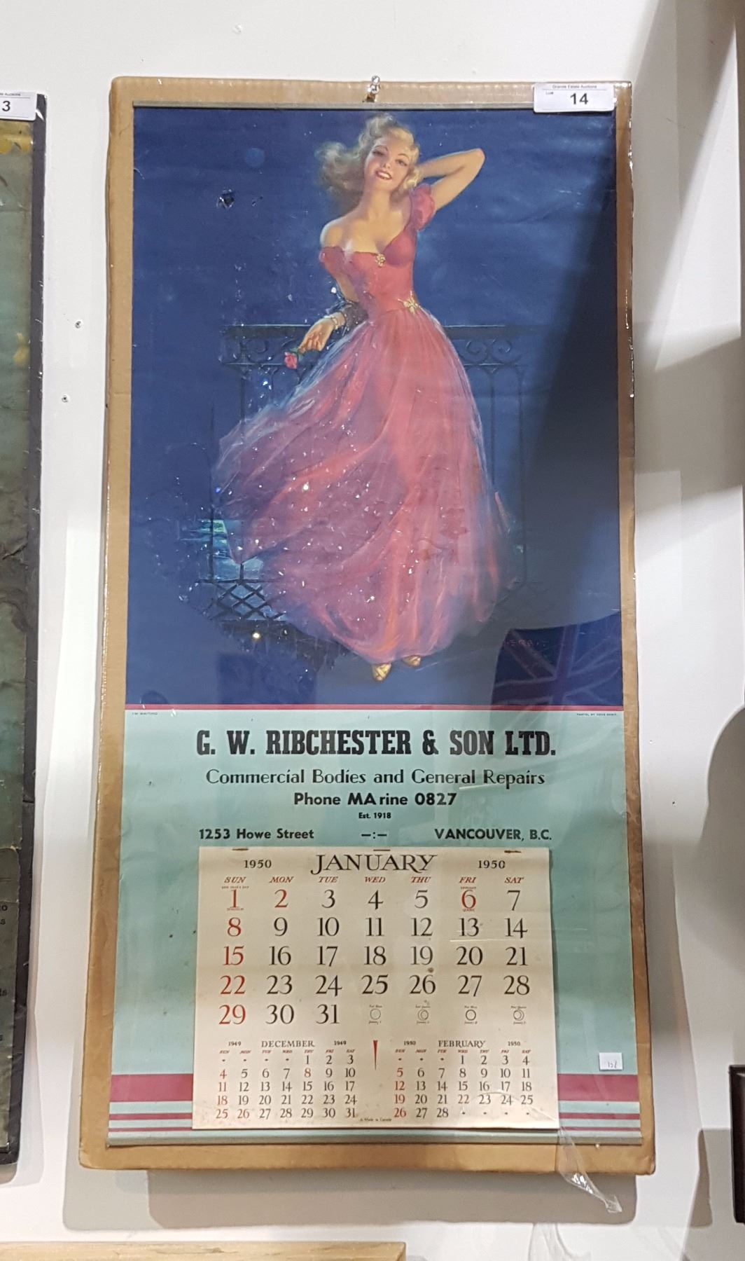 VINTAGE 1950 PIN UP GIRL CALENDAR VANCOUVER, BC
