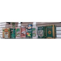 SHELF LOT APPROX 10 COLLECTIBLE OLIVE OIL TINS