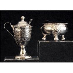 A late George III N. Smith & Co Old Sheffield plate conical covered mustard, domed cover with bal...