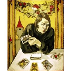 Sophie Dickens. "Gemma", study of a girl with tarot cards with fairytale castle beyond, on canvas...