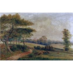 E.M.Gill. Summer landscape with sheep in a meadow with view of church beyond, on canvas, signed a...