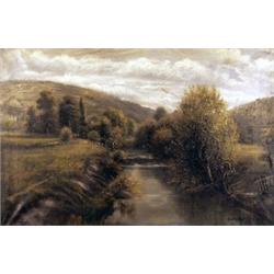 L. Richards. Wooded river landscape with fisherman beneath trees, on canvas, signed lower right,...
