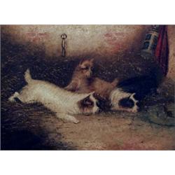 G. Armfield. Terriers in a barn, one looking down a rat hole, the other lying on a barrel, and co...