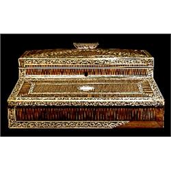 A mid Victorian ivory, porcupine and penwork writing slope, circa 1860, the hinged slope with pen...