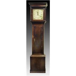 A George III oak and mahogany crossbanded longcase clock, circa 1800, the square hood with concav...