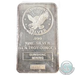 Vintage 1985 Sunshine Minting 10oz .999 Fine Silver Bar Sealed in Plastic (TAX Exempt)