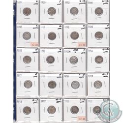 Mixed Page of 20x Canadian Silver 5-Cent Coins. Dates range from 1899 to 1920. Page sold as is. Plea