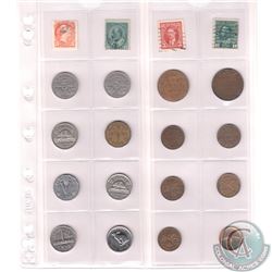 Mixed Page of 16x Canadian 1-cent & 5-Cent Coins with 4x Stamps. Dates range from 1909-1967. Page so