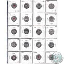 Mixed Page of 20x Canadian Commemorative 25-cent Coins. Dates range from 1992 to 2006. Page sold as 