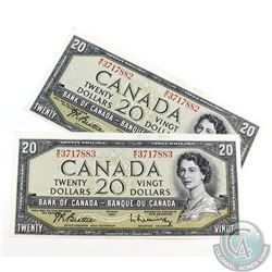 2 x 1954 $20.00 Notes with Beattie-Rasminsky Signatures, M/E Prefix and Consecutive Serial Numbers b