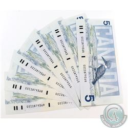 6 x 1986 $5.00 Notes with Bonin-Thiessen Signatures and Consecutive Serial Numbers in UNC. 6pcs.