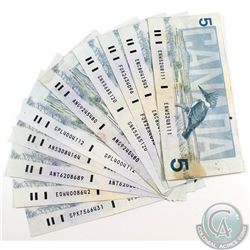 10 x 1986 $5.00 Notes with Various Signature Combinations in Average Circulated Condition. 10pcs.