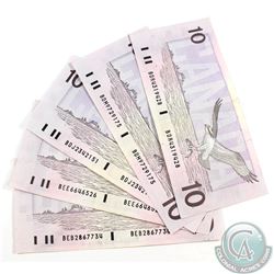 5 x 1989 $10.00 Notes all with Bonin-Thiessen Signatures in Average Circulated Condition. 5pcs.