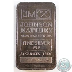 Scarce Johnson Matthey 5oz Fine Silver Bar (Tax Exempt) Serial # 071408
