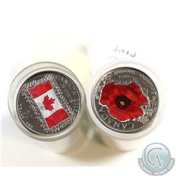 *ALL COLOURED* 2015 Canada Coloured Poppy and Flag 25-cent Plastic Tube Rolls of 40pcs. All coins ar