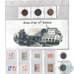 Estate Lot of Canadian Coins/Tokens and Stamps. Lot includes an 1871 PEI 1-cent, 1837 Quebec Half Pe