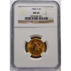 1886 S NGC MS 62 $5.00 Lib Head Gold