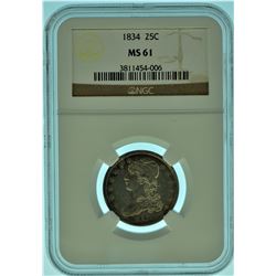 1834 NGC MS61 Capped Bust Quarter A over F Die Variety