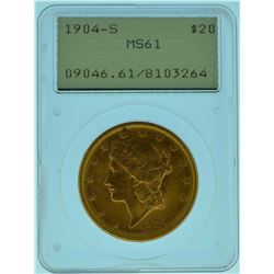 1904 "S" PCGS MS61 Old Green Rattler $20 Gold Liberty
