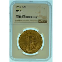 1913 NGC MS61 $20 Gold Saint Gaudens