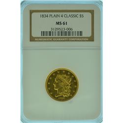 1834 NGC MS 61 Plain 4 Classic Head $5.00 Gold Half Eagle