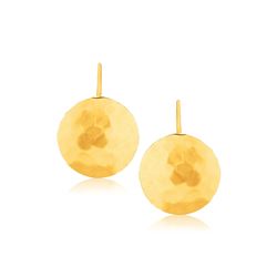 14K Yellow Gold Hammered Texture Disc Drop Earrings Medium