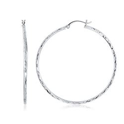 14K White Gold Diamond Cut Hoop Earrings (1 3/4 inch Diameter)