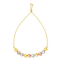Adjustable Bracelet with Shiny Open Hearts in 14K Tri Color Gold