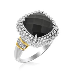 18K Yellow Gold & Sterling Silver Black Onyx and Diamond Popcorn Cushion Ring