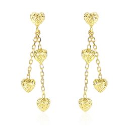 14K Yellow Gold Puffed Heart Diamond Cut Chain Dangling Earrings