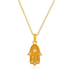 14K Yellow Gold 18 inch Necklace with Gold and Diamond Hand of Hamsa Pendant