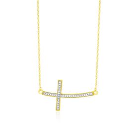 14K Yellow Gold Curved Cross Diamond Embellished Necklace