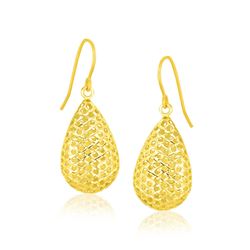 14K Yellow Gold Honeycomb Texture Large Teardrop Drop Earrings
