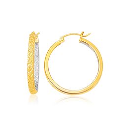 Two-Tone Yellow and White Gold Medium Patterned Hoop Earrings