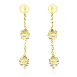 14K Two-Tone Gold Coil Wrapped Ball and Chain Dangling Earrings