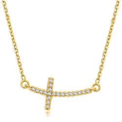 14K Yellow Gold Diamond Accented Curved Cross Necklace (.11ct tw)