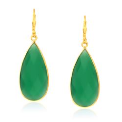 Sterling Silver Yellow Gold Plated Green Onyx Long Teardrop Earrings